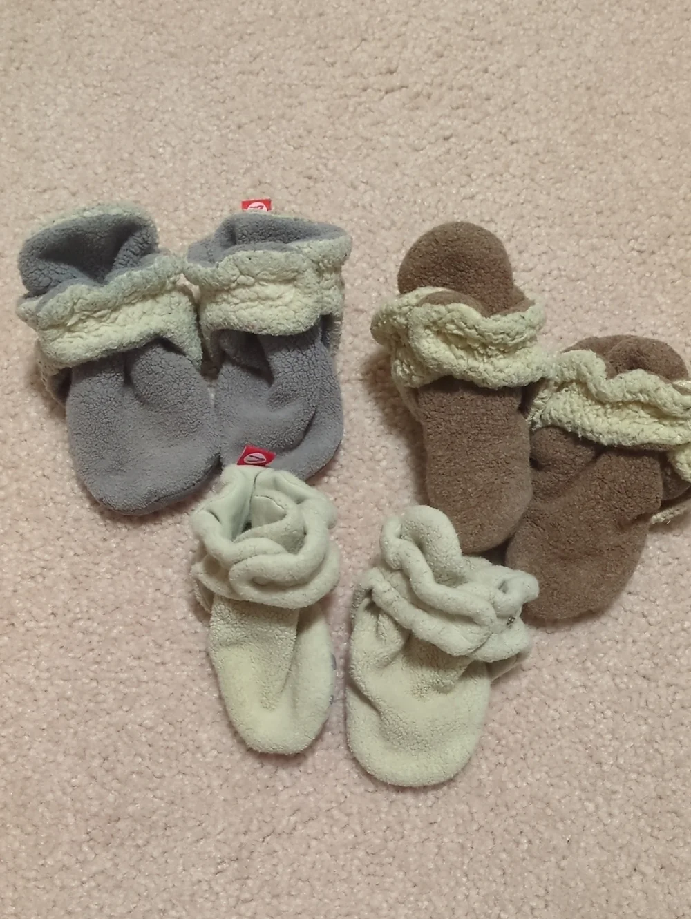 Fleece Baby Booties in Gray, Cream & Brown